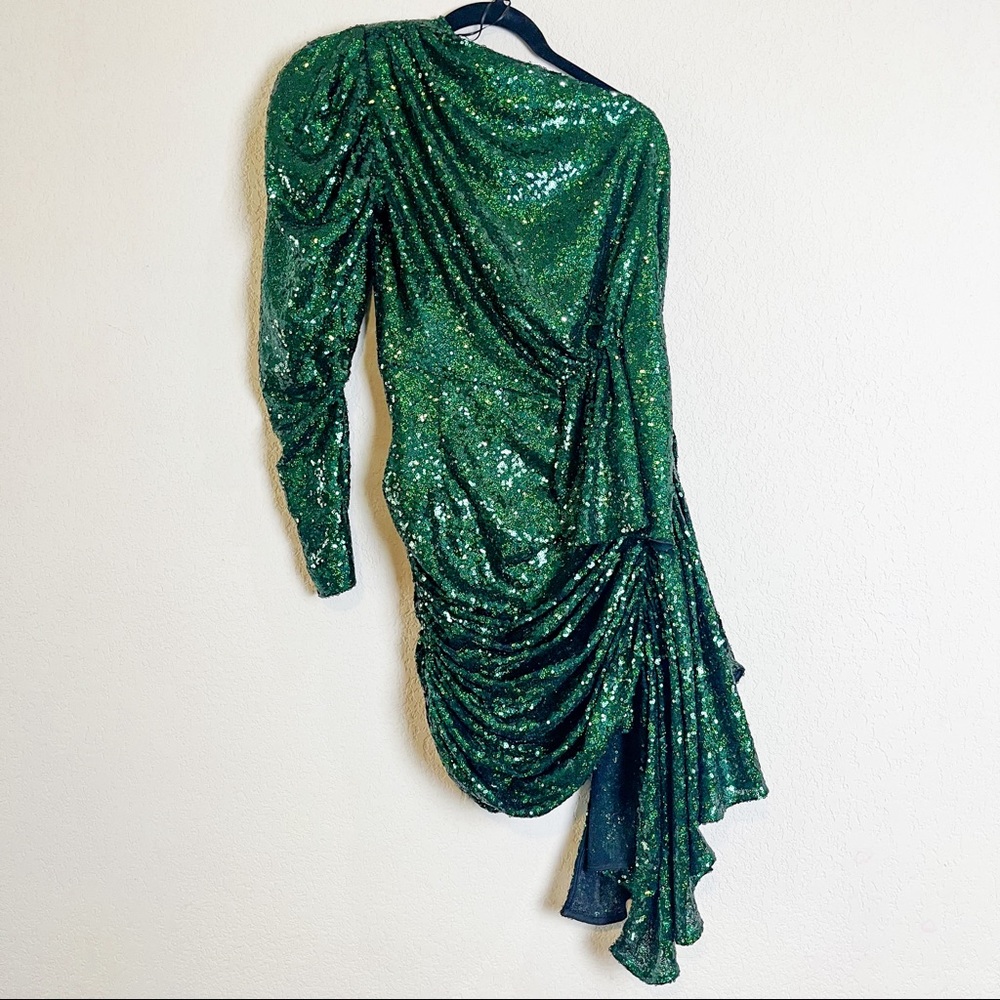 16Arlington One Sleeve Draped Sequined Tulle Mini Dress Green Size UK 8 US 4 - Picture 3 of 15